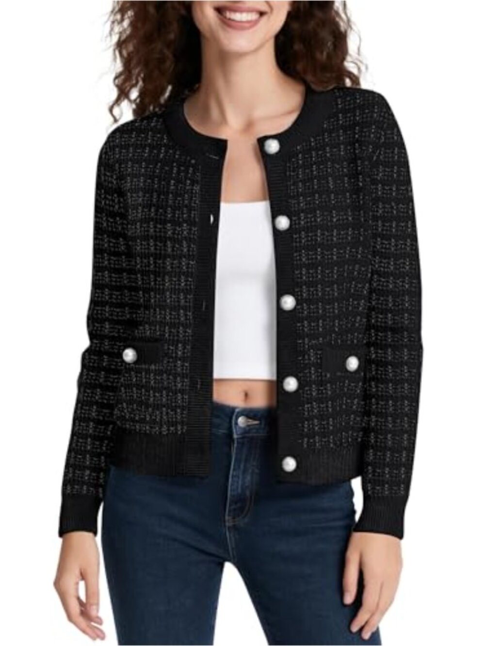 Knitted Cropped Cardigan with Pearl Buttons Long Sleeve Casual